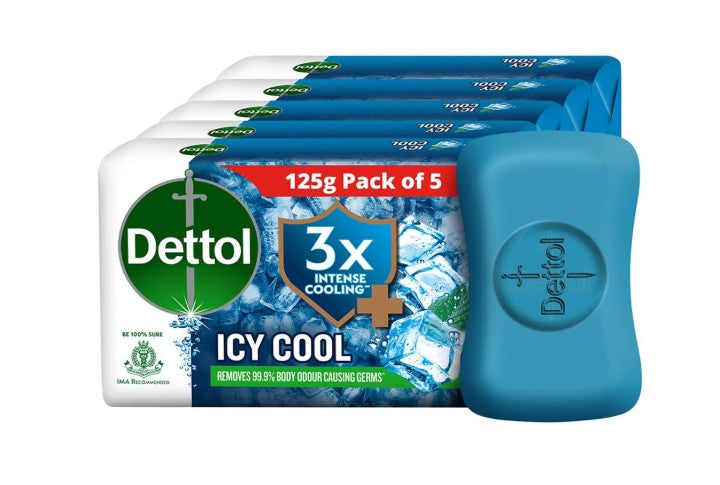 Dettol Icy Cool Bathing Soap Bar With 3x intense cooling (625gm), 125gm - Pack of 5