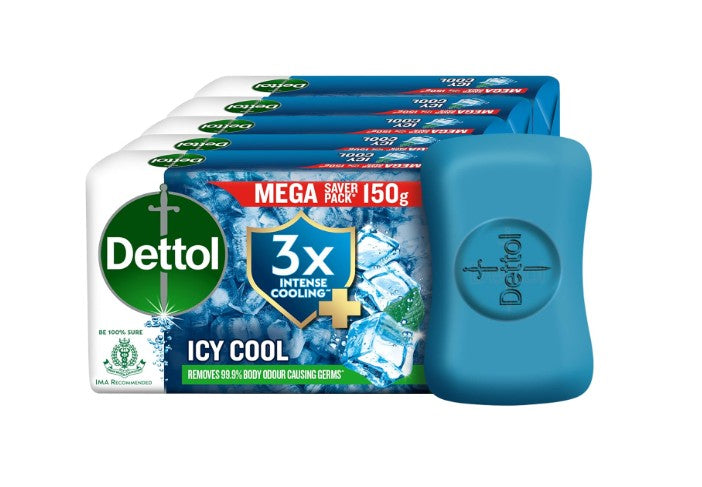 Dettol Icy Cool Bathing Soap Bar With 3x intense cooling (750gm), 150gm - Pack of 5