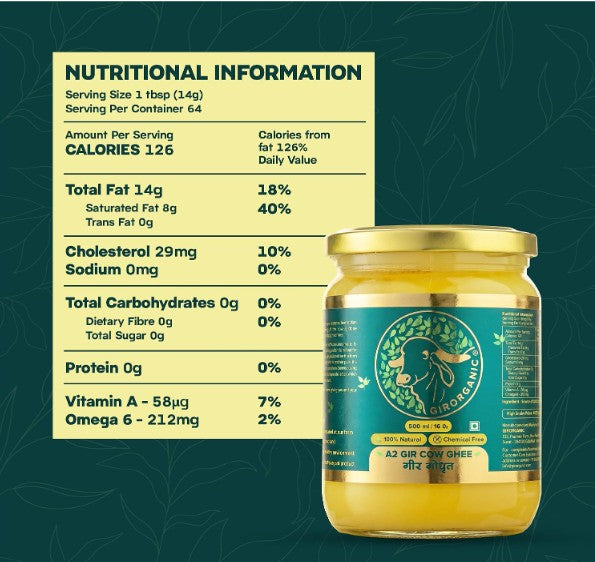 GirOrganic A2 Ghee 500ml - Pure Glass Bottle Ghee