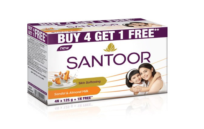 Santoor Skin Softening Sandal & Almond Milk Bathing Soap 125g, Pack of 5