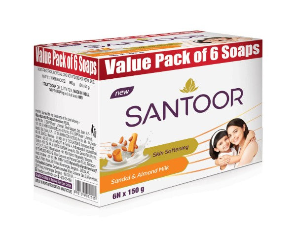 Santoor Skin Softening Sandal & Almond Milk Bathing Soap 150g, Pack of 6